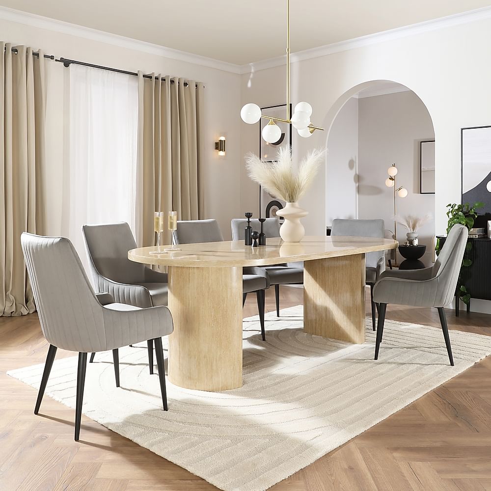 Genoa Oval Dining Table & 4 Liza Chairs, Travertine Stone Effect, Grey Classic Velvet & Black Steel, 220cm