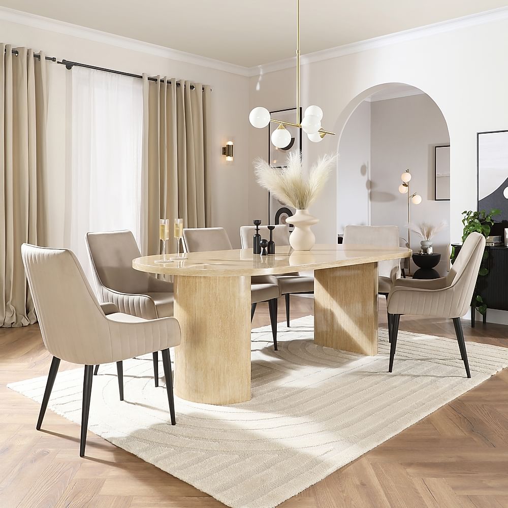 Genoa Oval Dining Table & 6 Liza Chairs, Travertine Stone Effect, Champagne Classic Velvet & Black Steel, 220cm