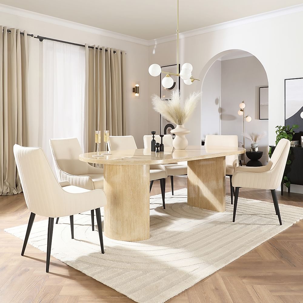 Genoa Oval Dining Table & 6 Liza Chairs, Travertine Stone Effect, Ivory Classic Plush Fabric & Black Steel, 220cm