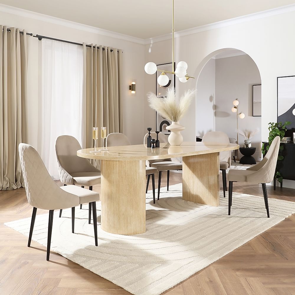 Genoa Oval Dining Table & 4 Ricco Chairs, Travertine Stone Effect, Champagne Classic Velvet & Black Steel, 220cm