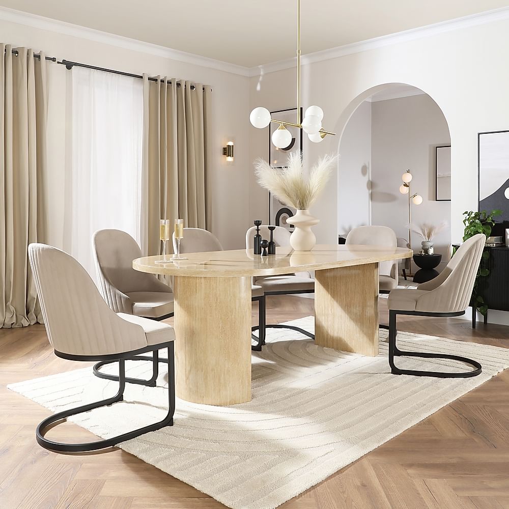 Genoa Oval Dining Table & 8 Riva Chairs, Travertine Stone Effect, Champagne Classic Velvet & Black Steel, 220cm