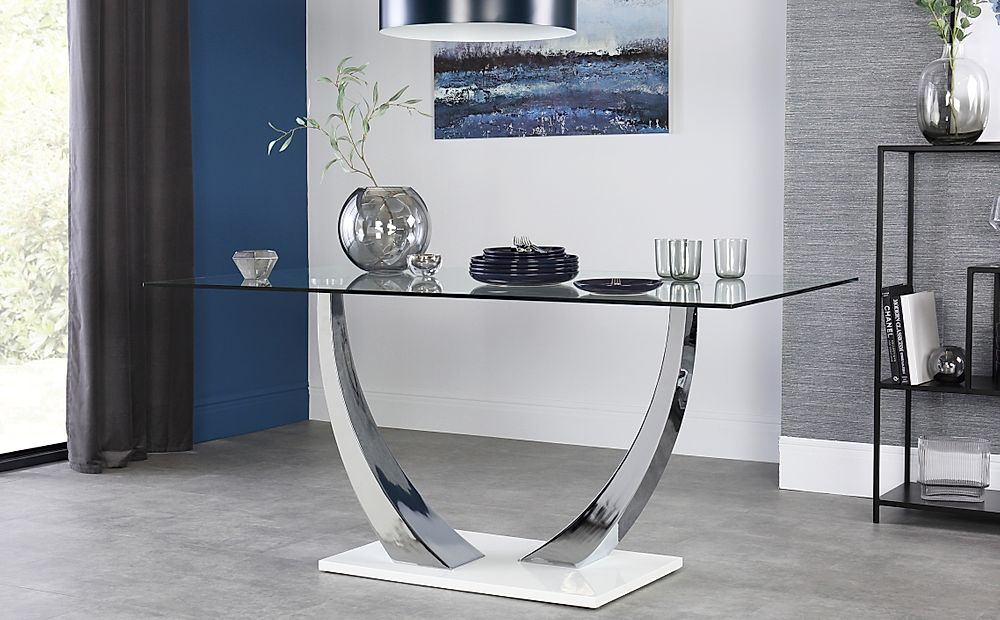 Peake Glass And Chrome 160cm Dining Table White Gloss Base Furniture And Choice 6879