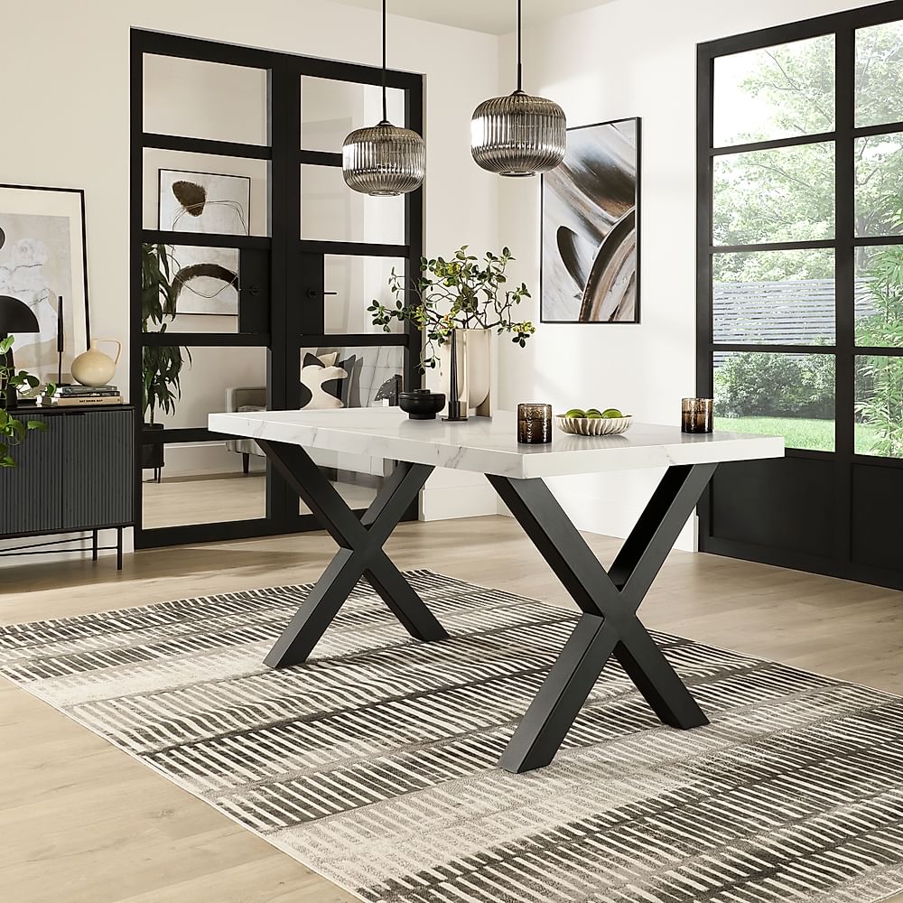 Franklin Dining Table, 150cm, White Marble Effect & Black Steel