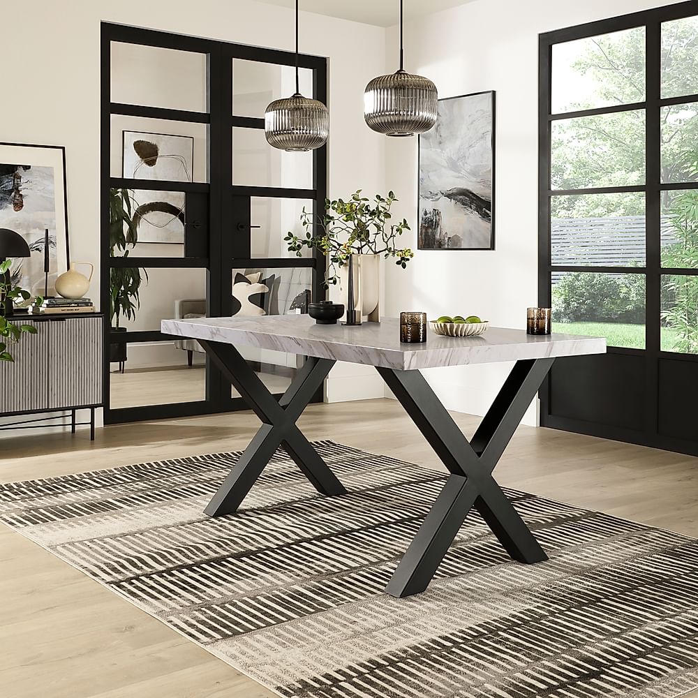 Franklin Dining Table, 150cm, Grey Marble Effect & Black Steel