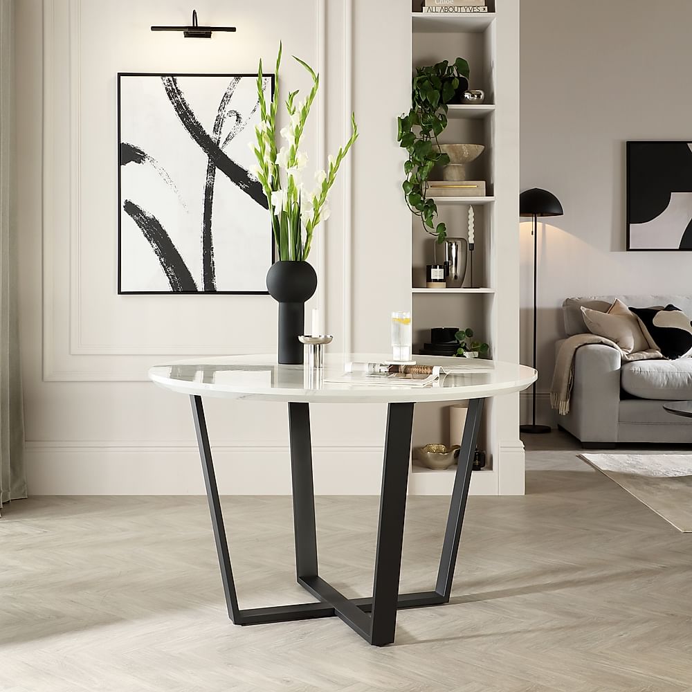 Traviso Round Dining Table, 120cm, White Marble Effect & Black Steel