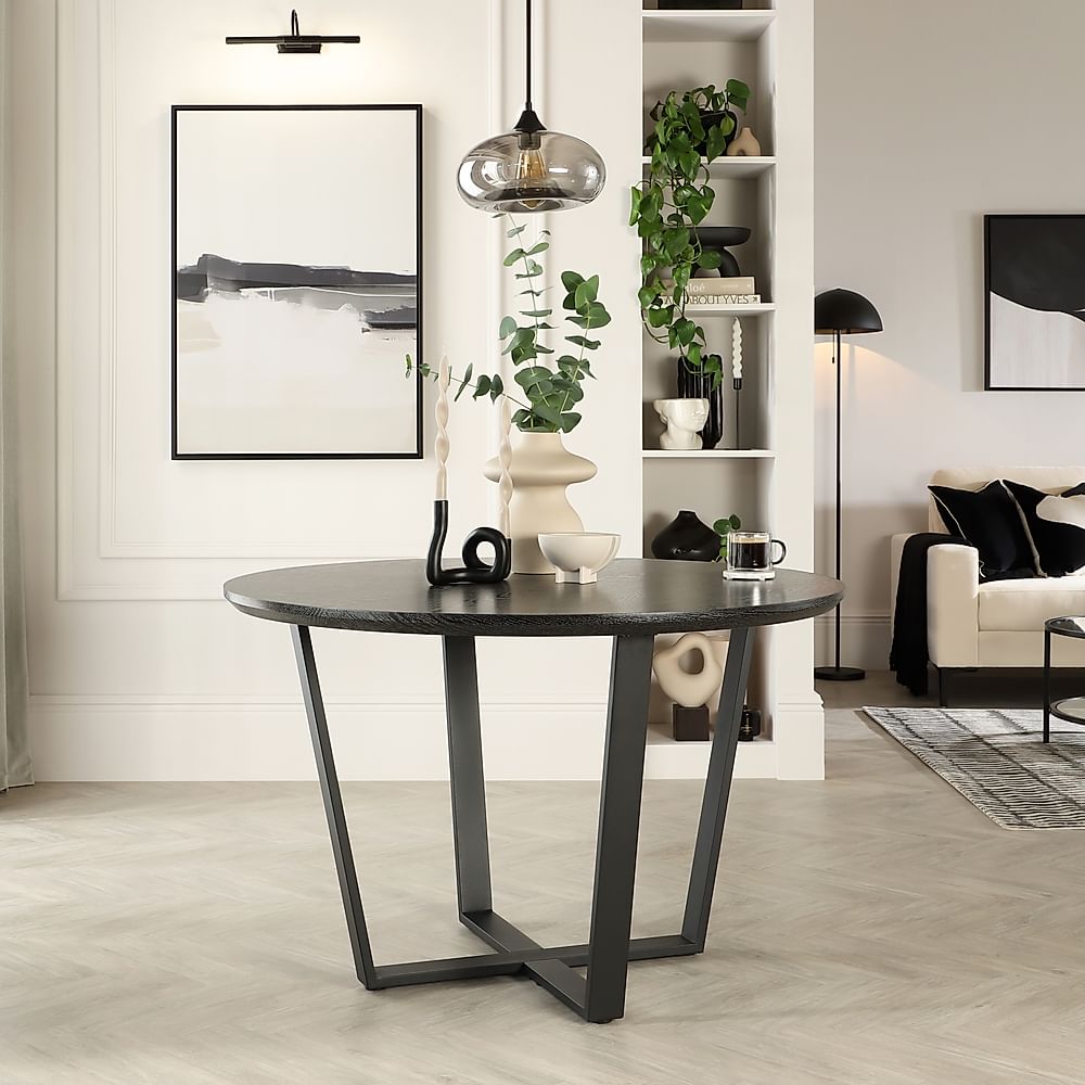 Traviso Round Dining Table, 120cm, Black Oak Effect & Black Steel