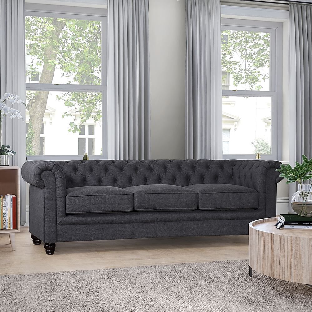 Hampton 3 Seater Chesterfield Sofa, Slate Grey Classic Linen-Weave Fabric