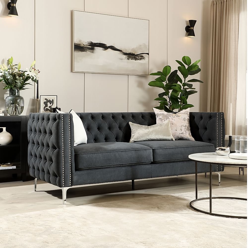 Albion 3 Seater Chesterfield Sofa, Slate Grey Classic Plush Fabric