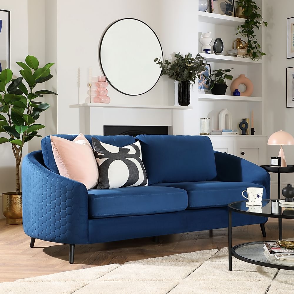 Mae Curved 3 Seater Sofa, Blue Classic Velvet