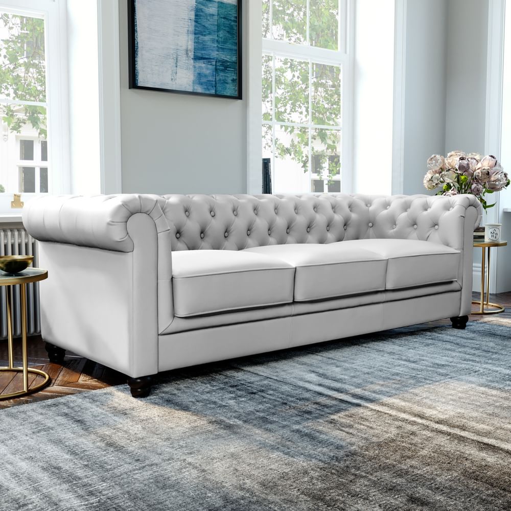 Hampton Light Grey Leather 3 Seater Chesterfield Sofa | Furniture And