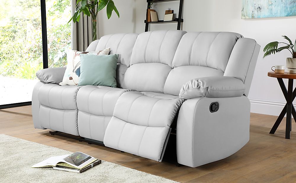 pulaski 3 seater grey leather manual recliner sofa