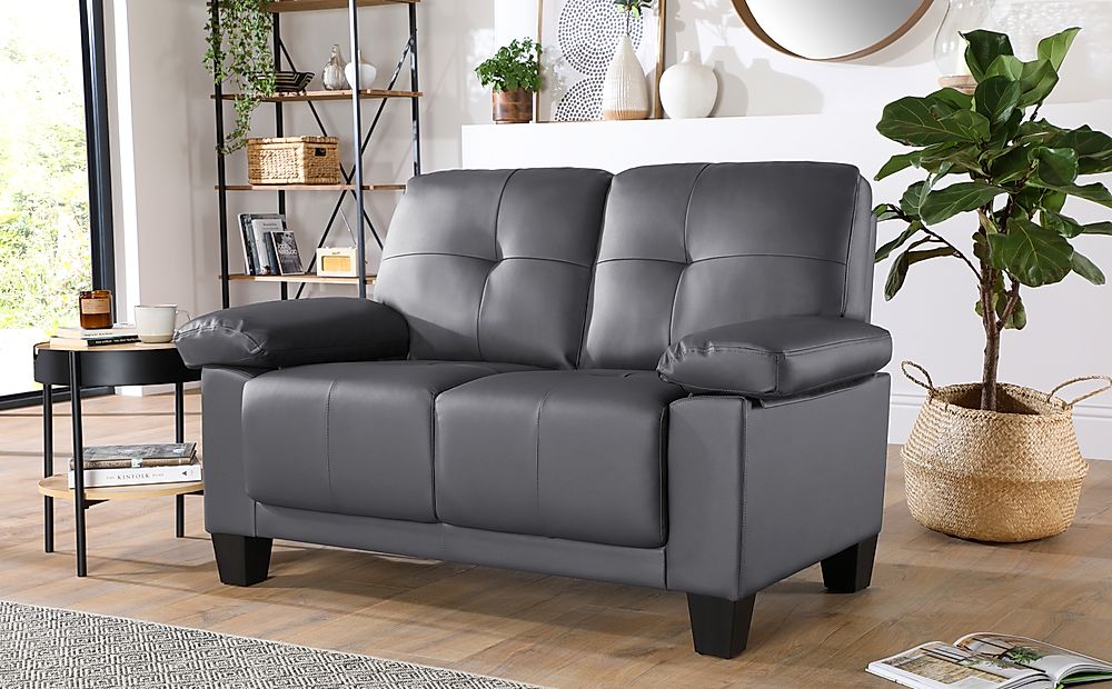 small grey leather 2 seater sofa