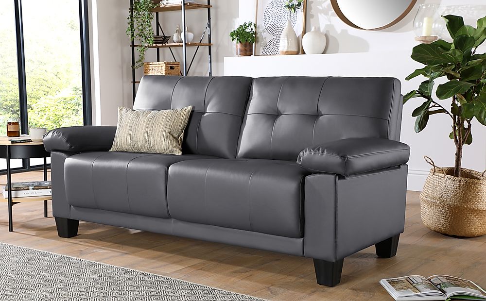 Linton Small Grey Leather 3 Seater Sofa | Furniture And Choice