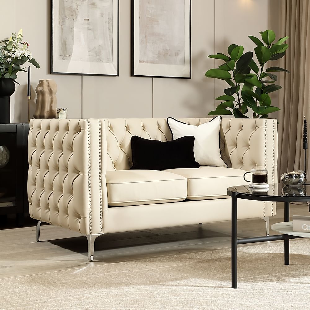 Albion 2 Seater Chesterfield Sofa, Ivory Premium Faux Leather