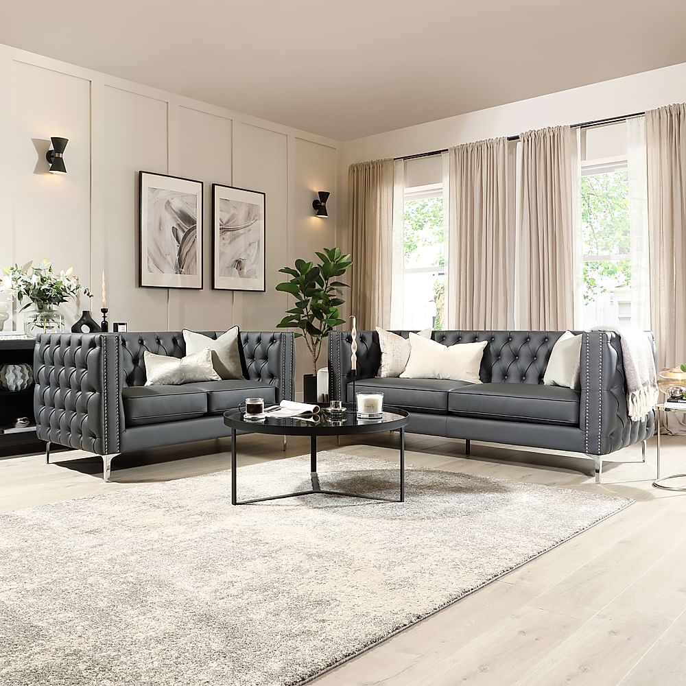 Albion 3+2 Seater Chesterfield Sofa Set, Grey Premium Faux Leather