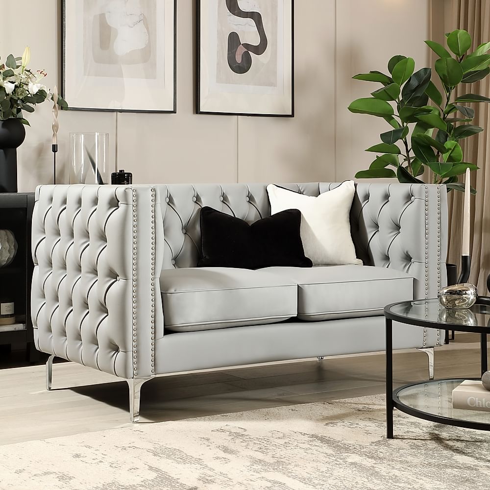 Albion 2 Seater Chesterfield Sofa, Light Grey Premium Faux Leather