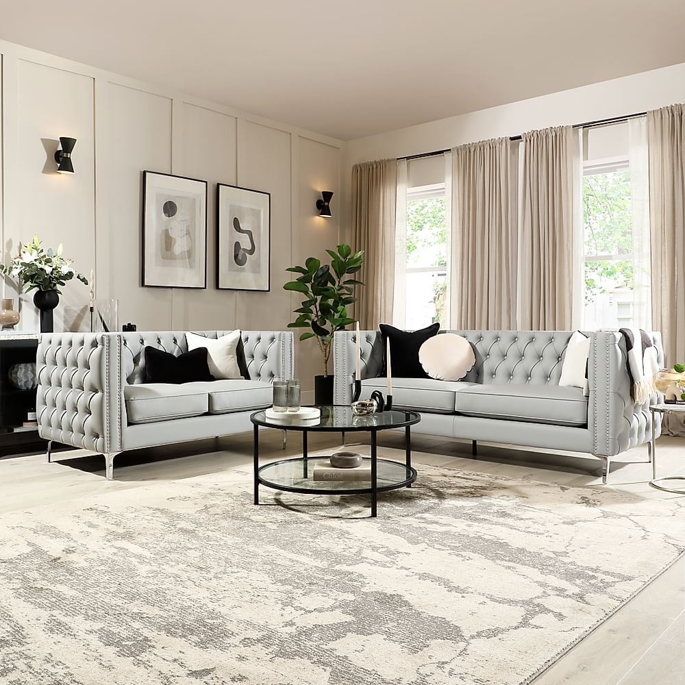 Albion 3+2 Seater Chesterfield Sofa Set, Light Grey Premium Faux Leather