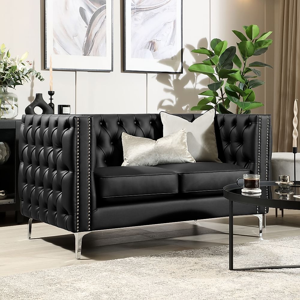 Albion 2 Seater Chesterfield Sofa, Black Premium Faux Leather