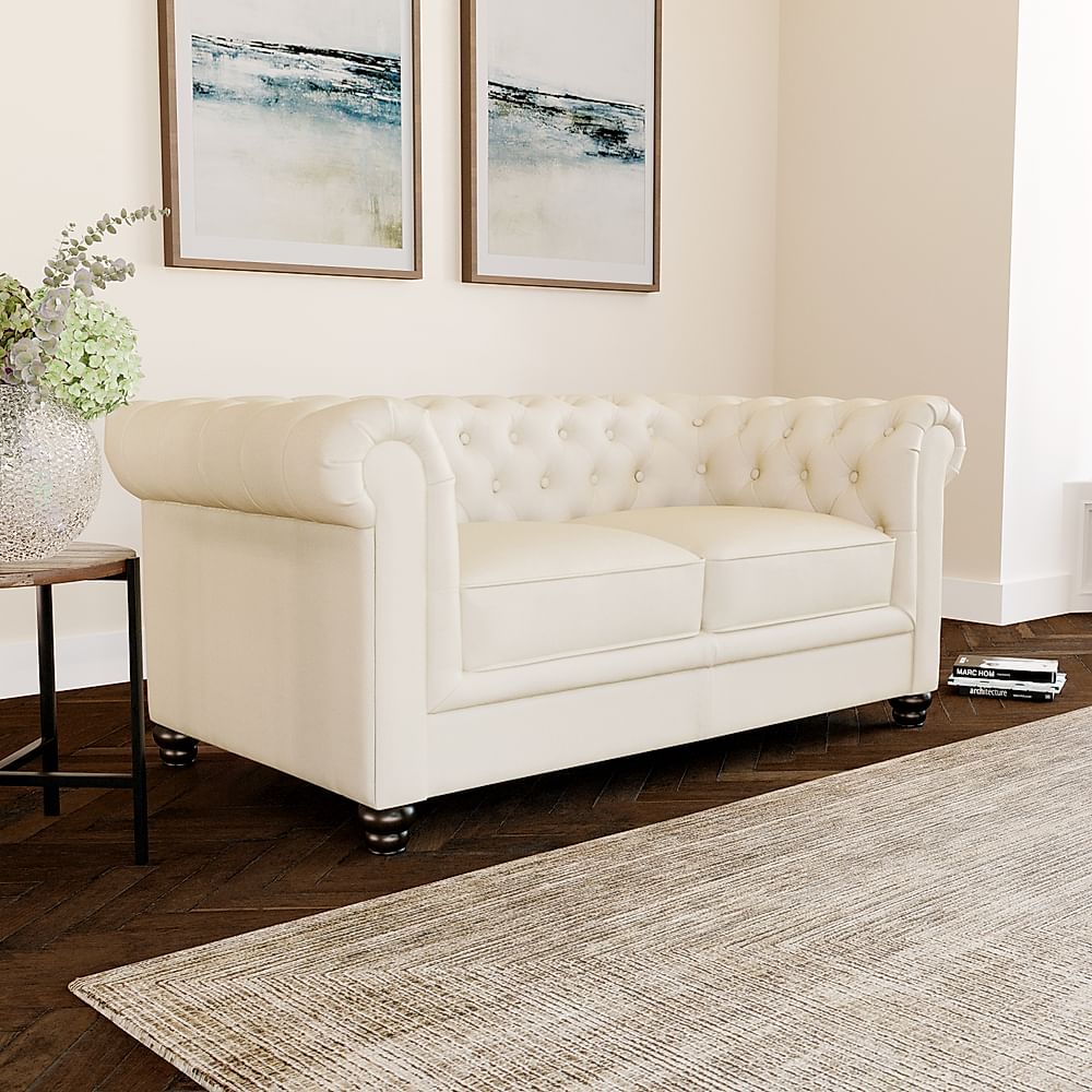 Hampton 2 Seater Chesterfield Sofa, Ivory Premium Faux Leather