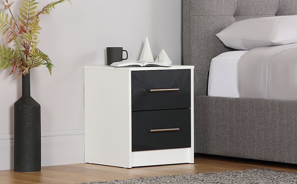 Bloomsbury White And Grey High Gloss 2 Drawer Bedside Table Furniture And Choice