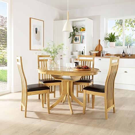 Hudson Round Extending Dining Table & 4 Bali Chairs, Natural Oak Finished Solid Hardwood, Brown Classic Faux Leather, 90-120cm