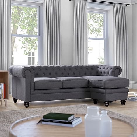 Hampton Chesterfield L-Shape Corner Sofa, Slate Grey Classic Linen-Weave Fabric