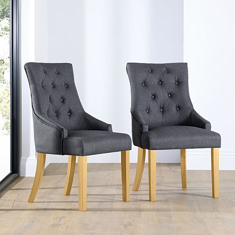 Duke Dining Chair, Slate Grey Classic Linen-Weave Fabric & Natural Oak Finished Solid Hardwood