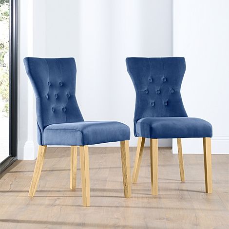 Bewley Dining Chair, Blue Classic Velvet & Natural Oak Finished Solid Hardwood