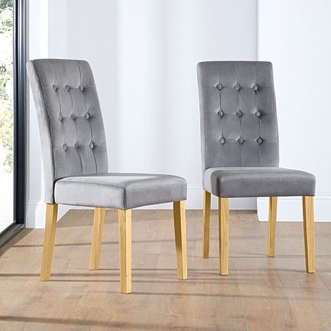 Regent Dining Chair, Grey Classic Velvet & Natural Oak Finished Solid Hardwood