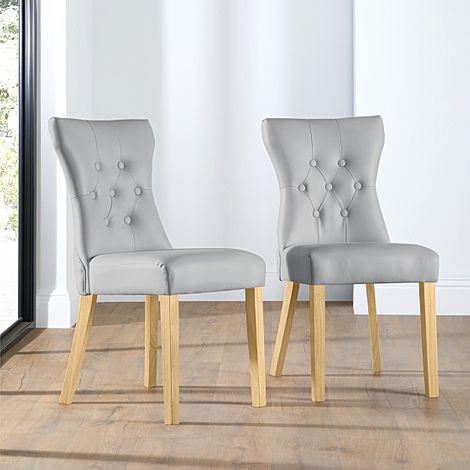 Bewley Dining Chair, Light Grey Classic Faux Leather & Natural Oak Finished Solid Hardwood