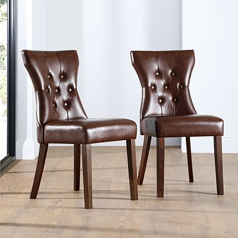 Bewley Dining Chair, Club Brown Premium Faux Leather & Dark Solid Hardwood