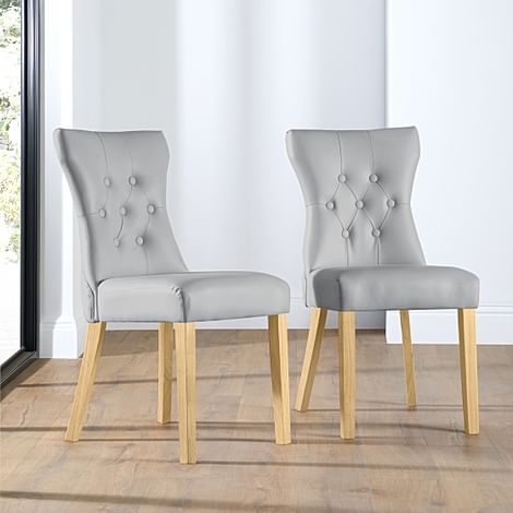 Bewley Dining Chair, Light Grey Premium Faux Leather & Natural Oak Finished Solid Hardwood