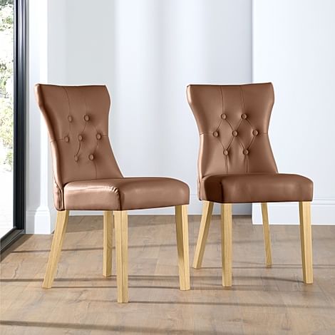 Bewley Dining Chair, Tan Premium Faux Leather & Natural Oak Finished Solid Hardwood