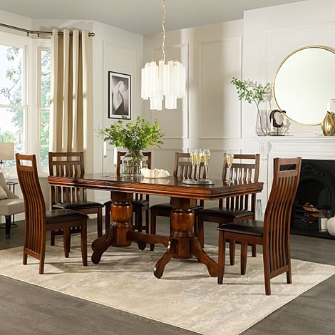 Chatsworth Extending Dining Table & 6 Java Chairs, Dark Solid Hardwood, Brown Classic Faux Leather, 150-180cm