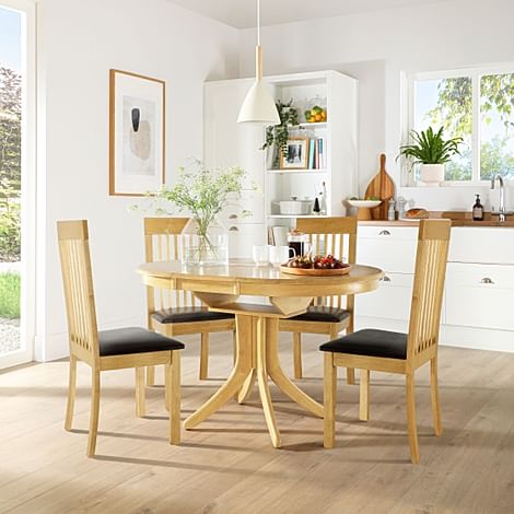 Hudson Round Extending Dining Table & 4 Oxford Chairs, Natural Oak Finished Solid Hardwood, Brown Classic Faux Leather, 90-120cm