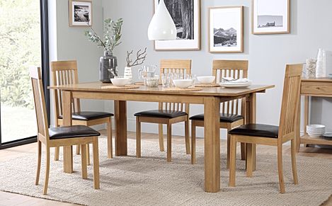 Bali Extending Dining Table & 6 Oxford Chairs, Natural Oak Finished Solid Hardwood, Brown Classic Faux Leather, 150-180cm