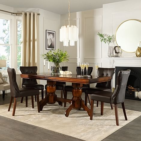 Chatsworth Extending Dining Table & 4 Bewley Chairs, Dark Solid Hardwood, Brown Classic Faux Leather, 150-180cm