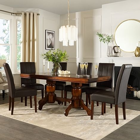 Chatsworth Extending Dining Table & 6 Carrick Chairs, Dark Solid Hardwood, Brown Classic Faux Leather, 150-180cm