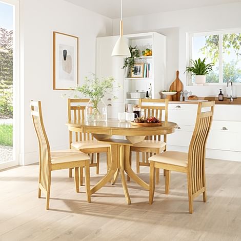 Hudson Round Extending Dining Table & 4 Bali Chairs, Natural Oak Finished Solid Hardwood, Ivory Classic Faux Leather, 90-120cm