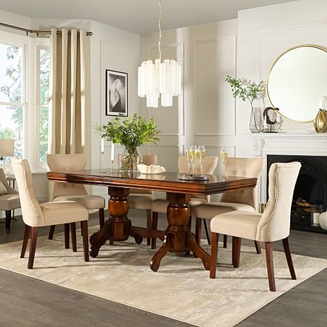 Chatsworth Extending Dining Table & 4 Bewley Chairs, Dark Solid Hardwood, Oatmeal Classic Linen-Weave Fabric, 150-180cm