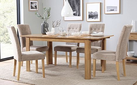 Bali Extending Dining Table & 6 Regent Chairs, Natural Oak Finished Solid Hardwood, Oatmeal Classic Linen-Weave Fabric, 150-180cm