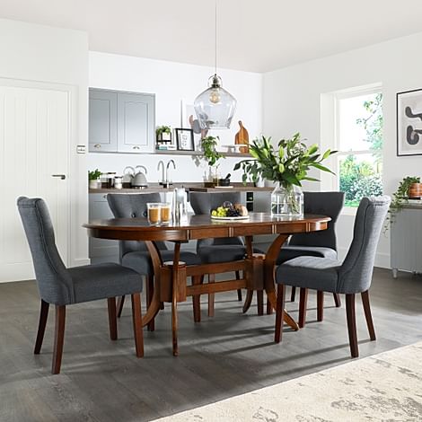 Townhouse Oval Extending Dining Table & 4 Bewley Chairs, Dark Solid Hardwood, Slate Grey Classic Linen-Weave Fabric, 150-180cm