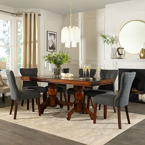 Chatsworth Extending Dining Table & 6 Bewley Chairs, Dark Solid Hardwood, Slate Grey Classic Linen-Weave Fabric, 150-180cm