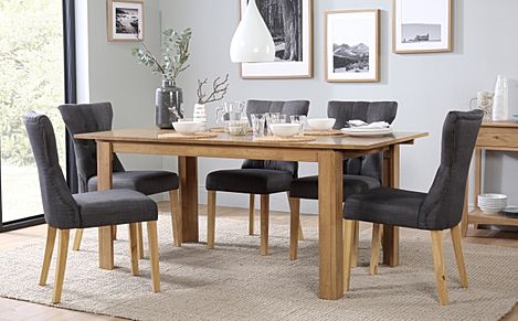 Bali Extending Dining Table & 4 Bewley Chairs, Natural Oak Finished Solid Hardwood, Slate Grey Classic Linen-Weave Fabric, 150-180cm