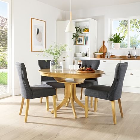 Hudson Round Extending Dining Table & 6 Bewley Chairs, Natural Oak Finished Solid Hardwood, Slate Grey Classic Linen-Weave Fabric, 90-120cm