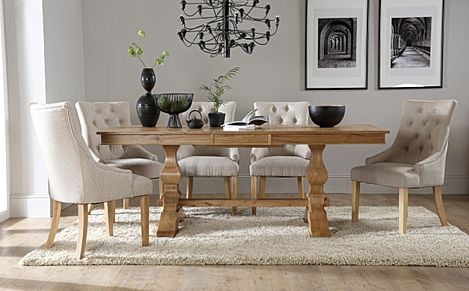 Cavendish Extending Dining Table & 6 Duke Chairs, Natural Oak Veneer & Solid Hardwood, Oatmeal Classic Linen-Weave Fabric & Natural Oak Finished Solid Hardwood, 160-200cm