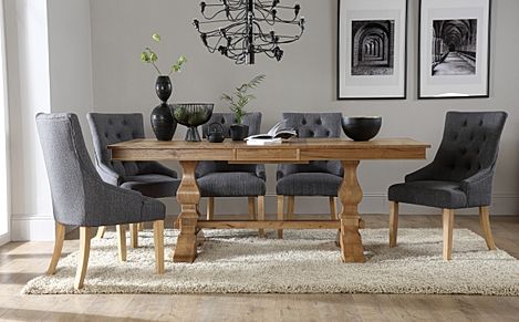 Cavendish Extending Dining Table & 4 Duke Chairs, Natural Oak Veneer & Solid Hardwood, Slate Grey Classic Linen-Weave Fabric & Natural Oak Finished Solid Hardwood, 160-200cm