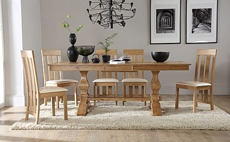 Cavendish Extending Dining Table & 6 Chester Chairs, Natural Oak Veneer & Solid Hardwood, Ivory Classic Faux Leather & Natural Oak Finished Solid Hardwood, 160-200cm