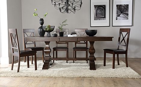 Cavendish Extending Dining Table & 6 Kendal Chairs, Dark Oak Veneer & Solid Hardwood, Brown Classic Faux Leather & Dark Solid Hardwood, 160-200cm