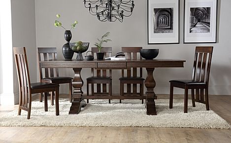 Cavendish Extending Dining Table & 8 Chester Chairs, Dark Oak Veneer & Solid Hardwood, Brown Classic Faux Leather & Dark Solid Hardwood, 160-200cm